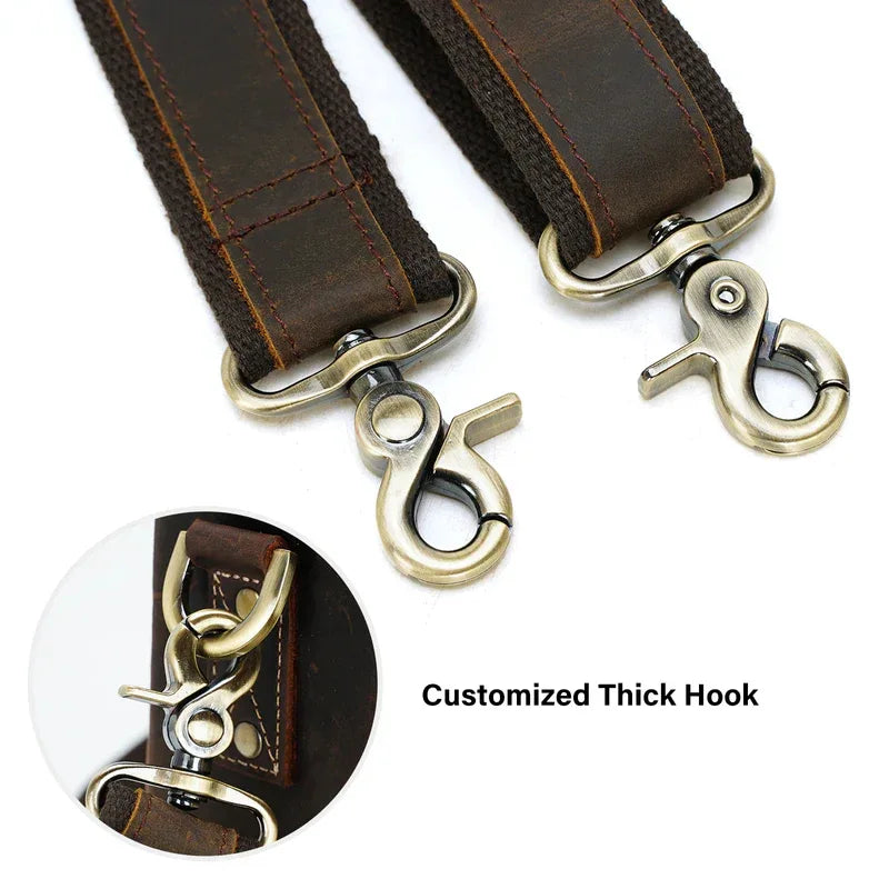 Adjustable Full Grain Leather Shoulder Strap with Metal Hooks Brown