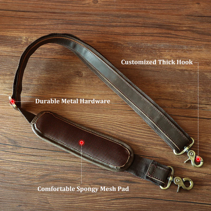 Adjustable Full Grain Leather Shoulder Strap with Metal Hooks