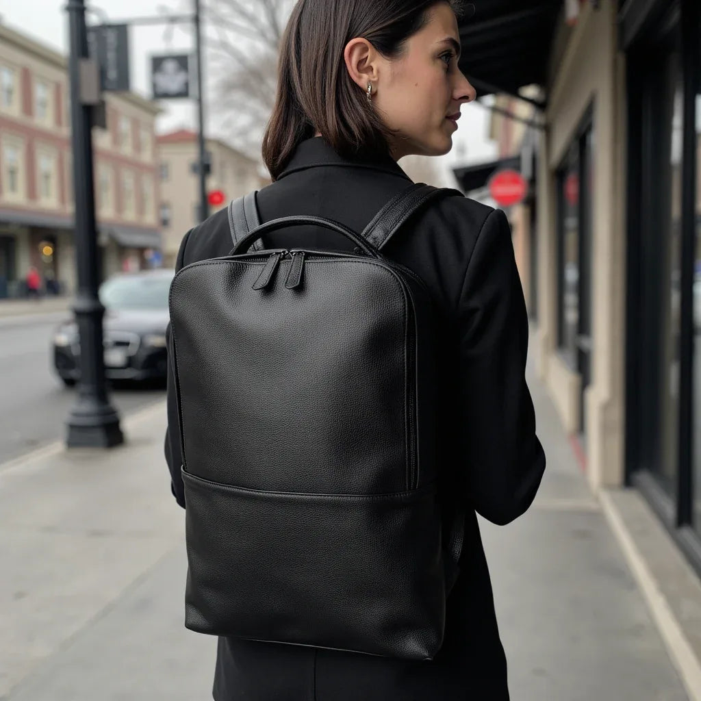 black leather rustic backpack Skald Black Pebbled Leather Backpack