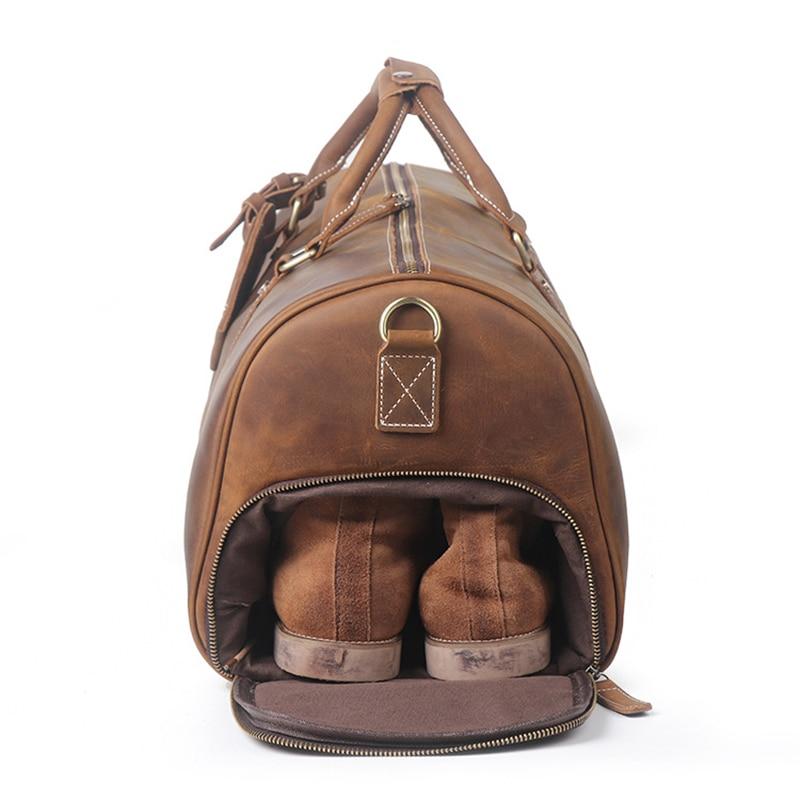 Crazy Horse Leather Travel Bags Vintage Duffle Bags Men's Duffel Bags With  Shoes Compartment Tote Travel Bags